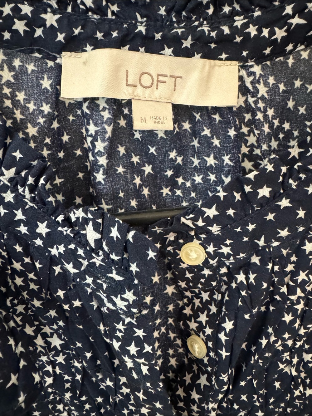 LOFT Navy and White Star-Print Ruffle Button-up Sleeveless Blouse - Picture 5 of 8